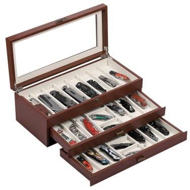 Imagem de AUTOARK Organizador de facas de couro PU e veludo de 3 camadas com 26 compartimentos, parte superior e gaveta de vidro transparente, armazenamento compacto para canivetes, ideal para coleções e