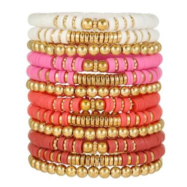 Imagem de HYHONEY Pulseiras de amizade com contas Heishi pulseiras fofas pulseiras de vinil argila disco contas surfista elástico verão praia pulseiras para mulheres, One Size, Pedra, argila