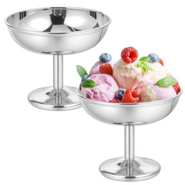 Imagem de ZJRDYYK Conjunto de 2 tigelas de sorvete, copos de sobremesa com pés de aço inoxidável, copo de vinho cálice para sobremesa, pudim, salada, coquetel, condimento, bagatela de mousse de frutas