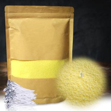 Imagem de DRMAISON Kit DIY de cera de vela perolada e areia – 500 ml, amarelo creme, não tóxico e livre de fumaça, recarregável com 30 pavios, chama de longa duração, altamente personalizável para decoração de