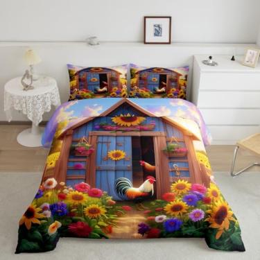 Imagem de Manfei Jogo de cama com estampa de galinhas 3D, estilo rústico, casa de fazenda, céu com flores coloridas, roxo, azul, amarelo, tamanho casal, 3 peças, conjunto de edredom acolchoado com 2 fronhas