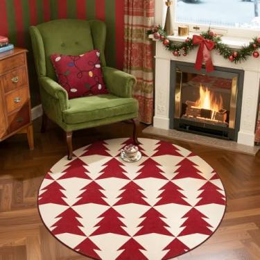 Imagem de jinchan Tapete redondo de Natal para entrada, quarto, 1,2 m, círculo, para sala de estar, estampado, vermelho, árvore de Natal, 1,2 m, decoração de Natal, tapete lavável para hall de entrada
