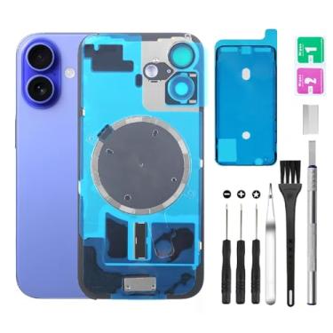 Imagem de Substituição de vidro da tampa traseira traseira para iPhone 16 Plus + lente da câmera + ímã + suporte de peça de ferro com kit de ferramentas de reparo (azul)