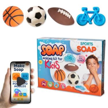 Imagem de Kit de fabricação de sabão para crianças – Kit de fabricação de sabão faça você mesmo com moldes esportivos (basquete, futebol, futebol e bicicleta), suprimentos para fabricação de sabão que promovem