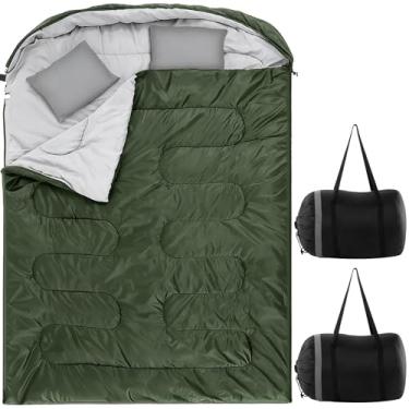 Imagem de Tranqun Pacote com 2 sacos de dormir duplos para adultos, tamanho Queen, saco de dormir para duas pessoas com travesseiro, impermeável, tecido de algodão para 3 estações para caminhadas, mochilão