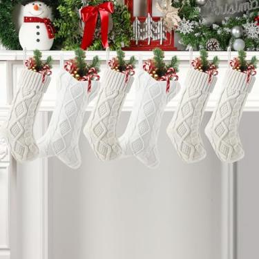 Imagem de Soulchen 6 peças meias de Natal 45,7 cm grande cabo tricotado lareira pendurada meia de Natal 38 cm osso cachorro meia de natal para árvore de Natal da família, férias, decoração de lareira (branca)