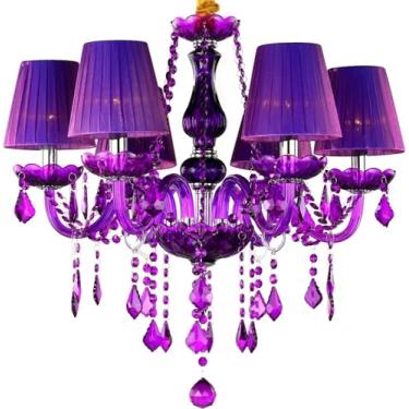 Imagem de Lustre Roxo Vela Lustre De Cristal Europeu 8-Cabeça Pingente Luz Comprimento Ajustável Romântico Teto Pendurado Lâmpada para Restaurante Sala de Estar Café Quarto Luminária (Com lam