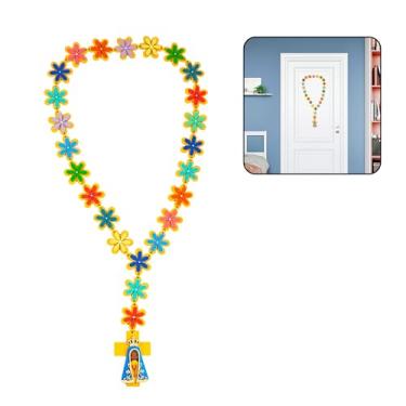 Imagem de Terço Infantil de Parede Nossa Senhora Aparecida Madeira Flores Coloridas Artesanal (Amarelo)