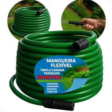 Imagem de Mangueira de Jardim Quintal Trançada Anti-Torção Flexível 50 metros Resistente Com Esguicho