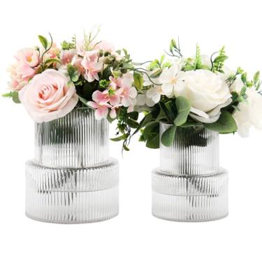 Imagem de YANWE1 Vasos de vidro canelado para buquê, conjunto de 2 vasos canelados para flores, vaso transparente para tulipas, vaso de vidro moderno para sala de estar, escritório, mesa de café, mesa de jantar