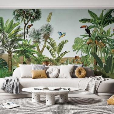 Imagem de Papel de parede mural grande da selva 337.8 cm x 248.9 cm Peel and Stick Safari mural de parede com tigre leopardo verde floresta tropical arte de parede para quarto de crianças decoração quarto