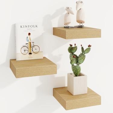 Imagem de Prateleiras quadradas flutuantes para parede, 20 cm L x 20 cm P x 3 cm A, 3 pacotes de pequenas prateleiras de madeira projetadas montadas na parede com suportes invisíveis para sala de estar, quarto