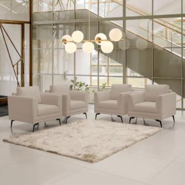 Imagem de Kit 4 Poltronas Poemme Estilo Retrô Para Consultório Tecido Veludo Bege Com Pés De Ferro