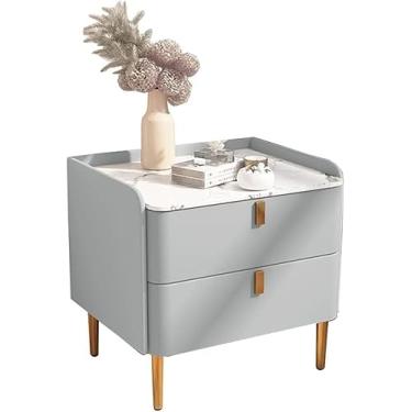 Imagem de Mesa de cabeceira lateral mesa de cabeceira moderna de madeira maciça 2 gavetas mesa de ardósia couro PU envoltório metal armário pés quarto cabeceira 50 x 40 x 50 cm