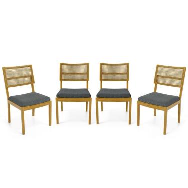 Imagem de Kit Com 4 Cadeiras Milena Madeira Maciça Assentos Estofados Encostos De Tela Palha Sextavada