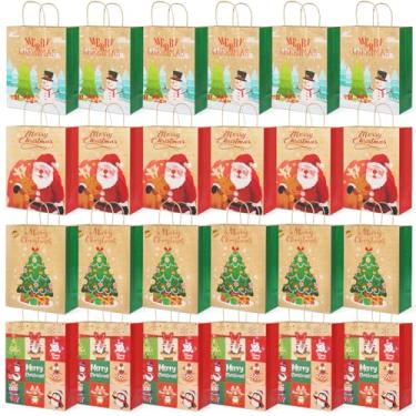 Imagem de 24 peças de sacos de presente médios de Natal Kraft de estilos variados, sacos de papel pequenos de Natal com alças, sacolas de presente com estampas de Natal para embrulho de presente de Natal