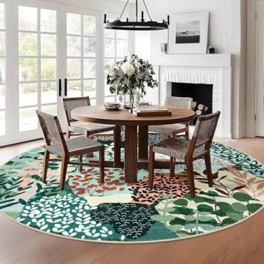 Imagem de DEXDE Tapete redondo grande de 2,7 m, lavável, tapete circular, floral, boho de pelo baixo, antiderrapante, para quarto, banheiro, entrada, quarto de crianças, escritório, sala de jantar, verde escuro
