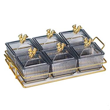 Imagem de Bandeja de tempero dividida de plástico, tigela de servir removível com tampas, bandeja de servir lanches de festa para aperitivo de frutas sobremesa doces, cinza, 6 compartimentos A