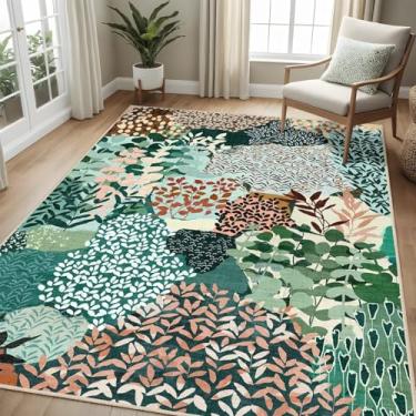 Imagem de DEXDE Tapete lavável 7 x 12 cm para sala de estar, tapetes boêmios pequenos abstratos antiderrapantes macios para quarto de crianças, tapete floral de folhas vintage para quarto, entrada, cozinha