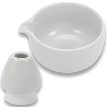 Imagem de Suporte para tigela Matcha e batedor com xícara de chá de cerâmica de 430 ml para micro-ondas e lava-louças, presente para amantes de matcha (branco)
