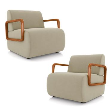 Imagem de Kit 2 Poltronas Decorativa Sala de Estar Odessa Braços em Madeira Veludo Bege G33 - Gran Belo