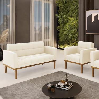 Imagem de Conjunto Poltrona e Namoradeira Decorativas Karen Pés Fixo em Madeira Castanho Veludo Bege G19 - Gran Belo