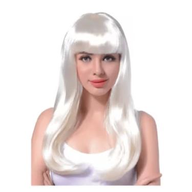 Imagem de Peruca Longa Branca com Franja para Cosplay e Festas, Cabelo Sintético Liso, Estilo Elegante
