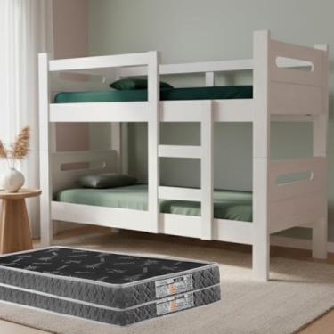 Imagem de Beliche Solteiro Compacta Moderna Vira Duas Camas Funcionais Com Escada Segura E Colchão D20 Incluso (Branco)