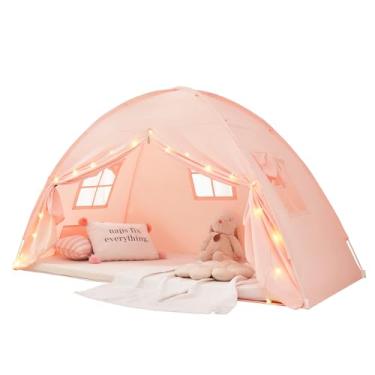 Imagem de Akiky Tenda de cama tamanho solteiro com parte inferior, tenda infantil com luzes, cortinas de beliche dobráveis portáteis para meninas e meninos (rosa, solteiro)