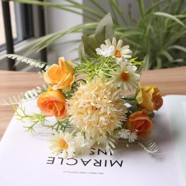 Imagem de Buquê artificial de rosas e margaridas - Arranjo de flores de bola espinhosa com camomila selvagem para decoração de casa e artesanato, 1 peça (laranja)