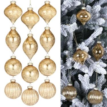 Imagem de VioraWhite 12 peças de enfeites de Natal de vidro mercúrio de 6 a 8 cm, enfeites de bola de Natal sortidos, decoração de pendurar de mercúrio para decoração de árvore de Natal (ouro)