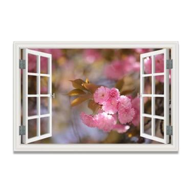 Imagem de Impressão em tela de janela falsa de flores vermelhas desabrochando, arte de parede cênica virtual para decoração de sala de estar 40 x 60 cm sem moldura