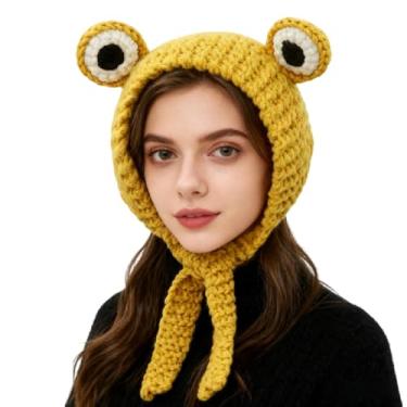 Imagem de ANKOMINA Touca de cabeça para mulheres, meninas, sapo, fofo, crochê, tricotada, para inverno, com aba de orelha, adereços para fotos, Amarelo, Tamanho Único