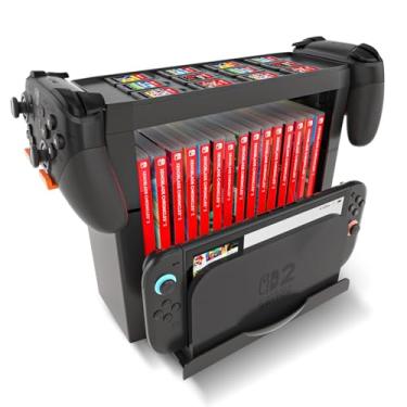 Imagem de Switch 2 Accessories Organizer - Space Saving Storage Tower for 15 Game Cases, 12 Cartridges, Controllers & Dock Station, Universal Stand for Switch 2/OLED Systems (Black)