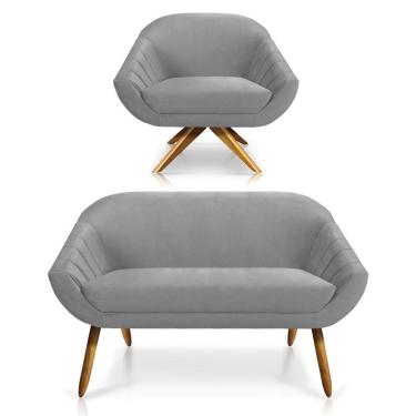 Imagem de Kit 01 Namoradeira 02 Lugares E 01 Poltrona Giratória Giovana Veludo Base Madeira Cinza