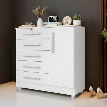 Imagem de Cômoda Quarto 5 Gavetas 1 Porta com Chave 2 Divisórias - Branco