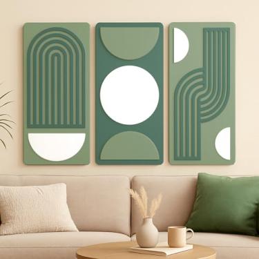 Imagem de Conjunto Trio de Quadros Decorativos abstrato Geométrico Sala Escritório Quarto em MDF e relevo 3D(Verde e branco)