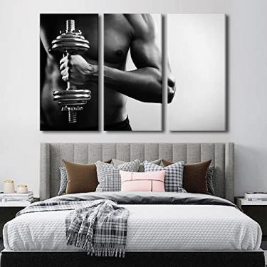 Imagem de TUMOVO Exercícios de arte de parede de 3 painéis com pintura de barra, impressão em tela, imagens para decoração de casa em preto e branco, pinturas de arte modernas esticadas por moldura de madeira