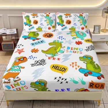Imagem de AILONEN Jogo de lençol infantil solteiro com desenho animado de dinossauro, para meninos e meninas, tamanho GG, 3 peças