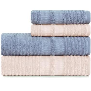 Imagem de Jogo de Toalhas 4 Peças Banhão e Rosto 100% Algodão - Brisa - Karsten (Bege com Azul Claro)
