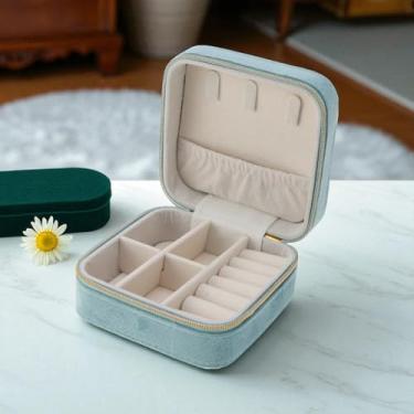 Imagem de 1 caixa de joias compacta caixa de joias quadrada seda pelúcia forro ciano claro 10 x 10 x 5 cm