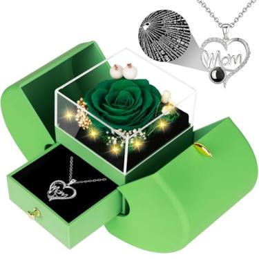Imagem de Presentes para mãe de filha e filho, ideia única de presente de aniversário para mãe, rosas verdes preservadas com eu te amo em 100 idiomas colar para mãe, presente legal para mãe - verde
