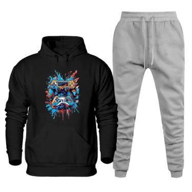 Imagem de Blusa Canguru Plus Size Moletom Estampada Masculina Com Calça Jogger Lisa Alta Qualidade Quentinho