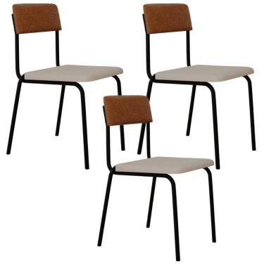 Imagem de Kit 03 Cadeiras Estofada Para Sala De Jantar Sense Preto C01 Linho Palha Courino Caramelo - Lyam Decor