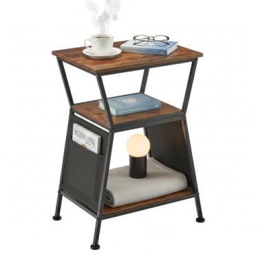 Imagem de Mesa lateral de 3 camadas com sacos de armazenamento, pés niveladores ajustáveis, topo retangular de 30 x 40 cm, 60 cm de altura – perfeita para revistas, controles remotos e organização de sala de