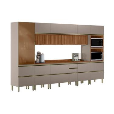 Imagem de Cozinha Completa com Vidro Reflecta e Ripado Proença 12 Portas 9 Gavetas Bege e Nogueira