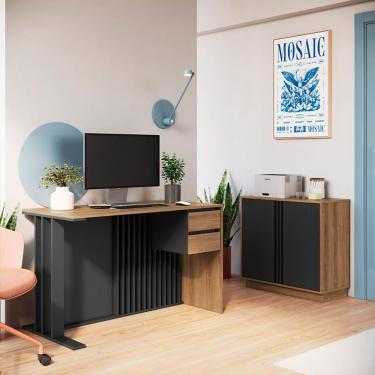 Imagem de Conjunto de Escrivaninha Salir 2 Gavetas com Armário de Escritório Office 2 Portas Mel e Grafite