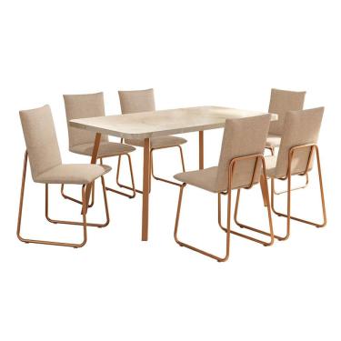 Imagem de Conjunto de Mesa Retangular com Tampo MDP Petra Stellar e 6 Cadeiras Amélia Linho Areia e Rosê