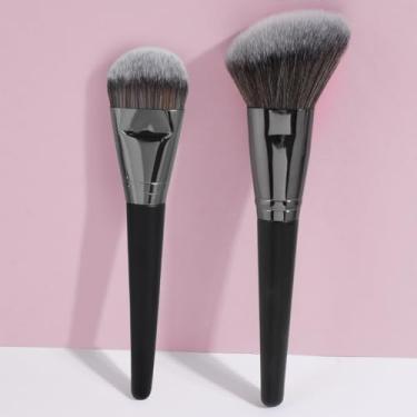 Imagem de 2 pincéis de maquiagem: pincéis soltos em pó e blush, cerdas sintéticas macias (preto)