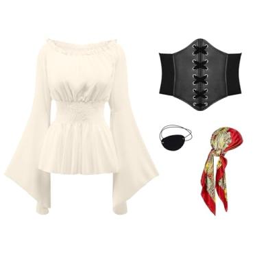 Imagem de 4 peças de fantasia de pirata feminina - inclui camisa renascentista feminina, espartilho pirata bandana - roupa de cosplay de carnaval de Halloween (bege, P)